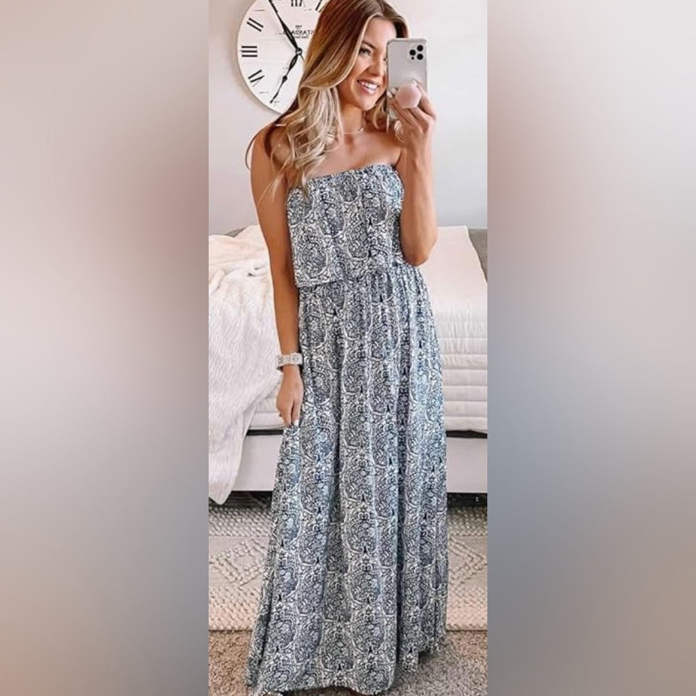 Strapless maxi dress - navy and white boho chic